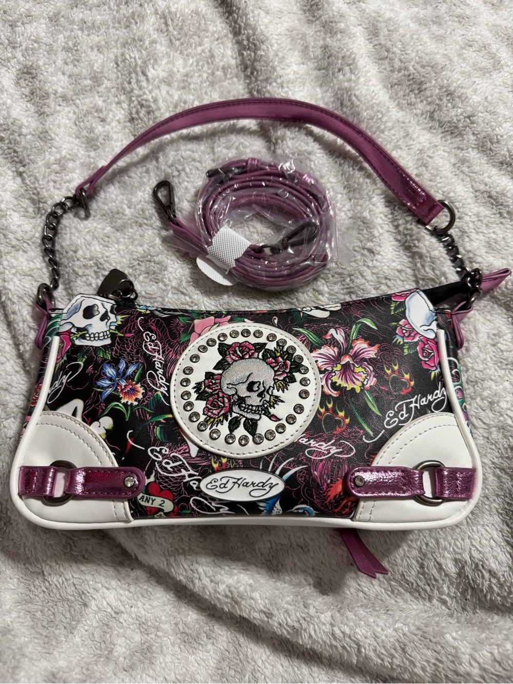 Ed Hardy Skull & Floral Chain Shoulder Bag / Crossbody